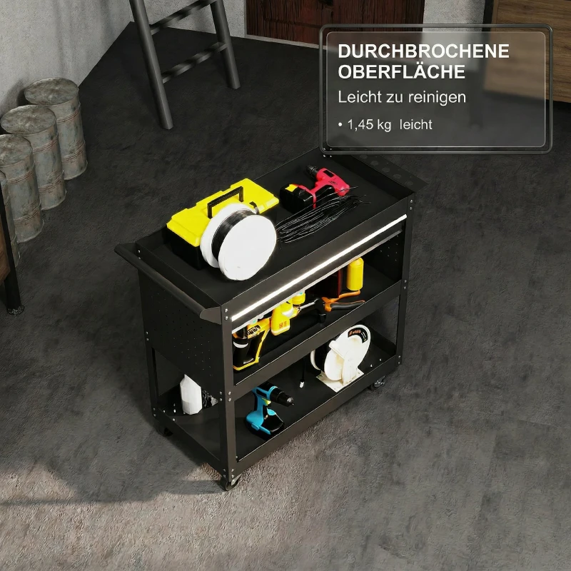 DURHAND Carrello 3 Livelli in Acciaio con Cassetto, Porta Utensili Laterale e Maniglia, Nero