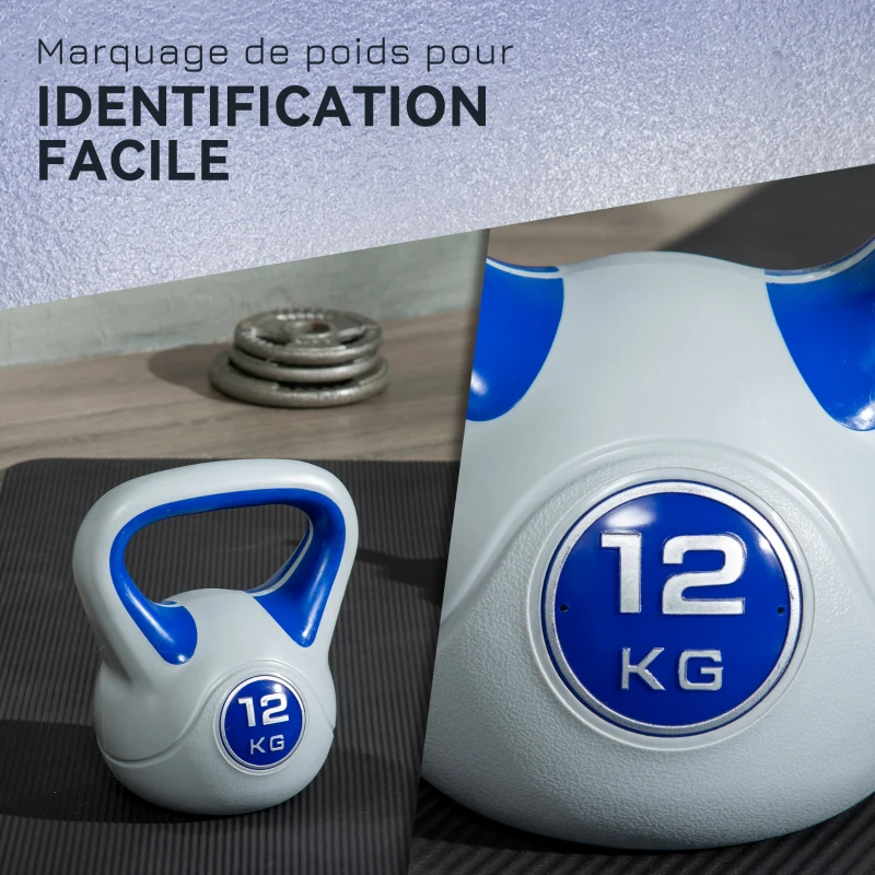 SPORTNOW Kettlebell 12 kg, haltère avec poignée ergonomique, haltère à boule, musculation, entraînement, 24 x 17 x 28 cm, bleu