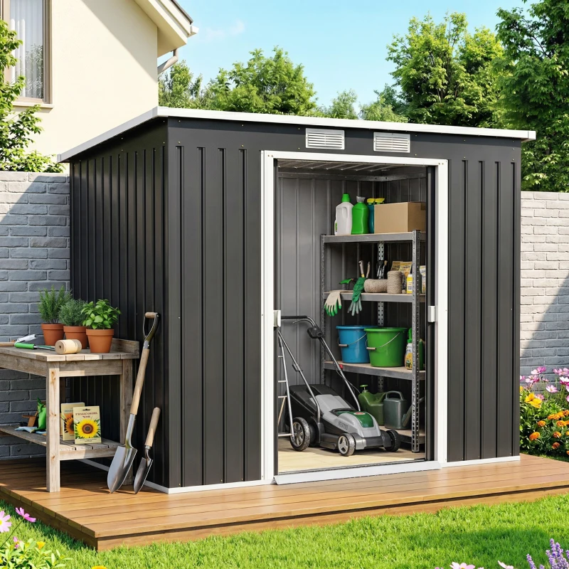 Outsunny 7 x 4ft Galvanised Steel Garden Shed, with Foundation Kit - Dark Grey
