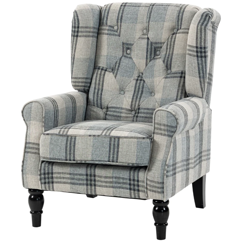 HOMCOM Faux Linen Armchair with Thick Spring Cushion, Wingback Accent Chair with High Back, Solid Wood Legs, Mixed Plaid