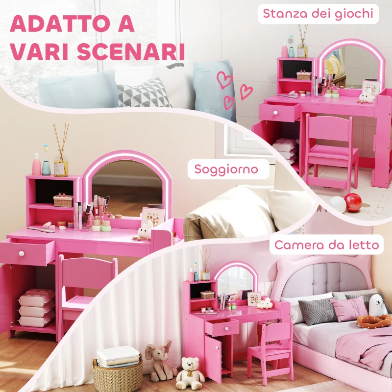 AIYAPLAY Set Toeletta Trucco per Bambini 2 in 1 con Specchio, Sedia, Luce LED, Armadietto, Scaffali e Libreria, Rosa