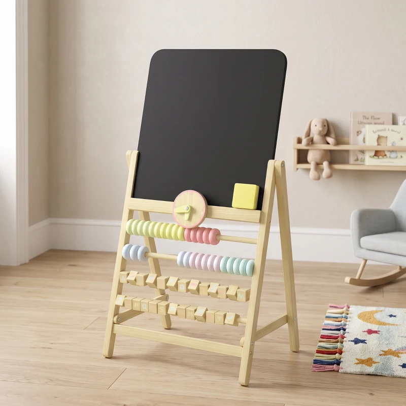 AIYAPLAY Cavalete Infantil em Madeira com Quadro de Dupla Face, Relógio, Ábaco e Apagador, a partir de 2 Anos, Natural