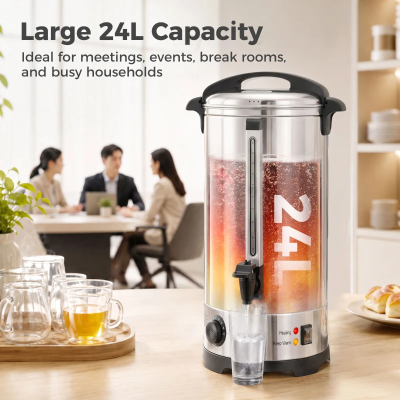 HOMCOM 24L Catering Urn, 2500W Stainless Steel Hot Water Boiler Dispenser with Thermostat, Keep Warm Function and Easy Pour Tap