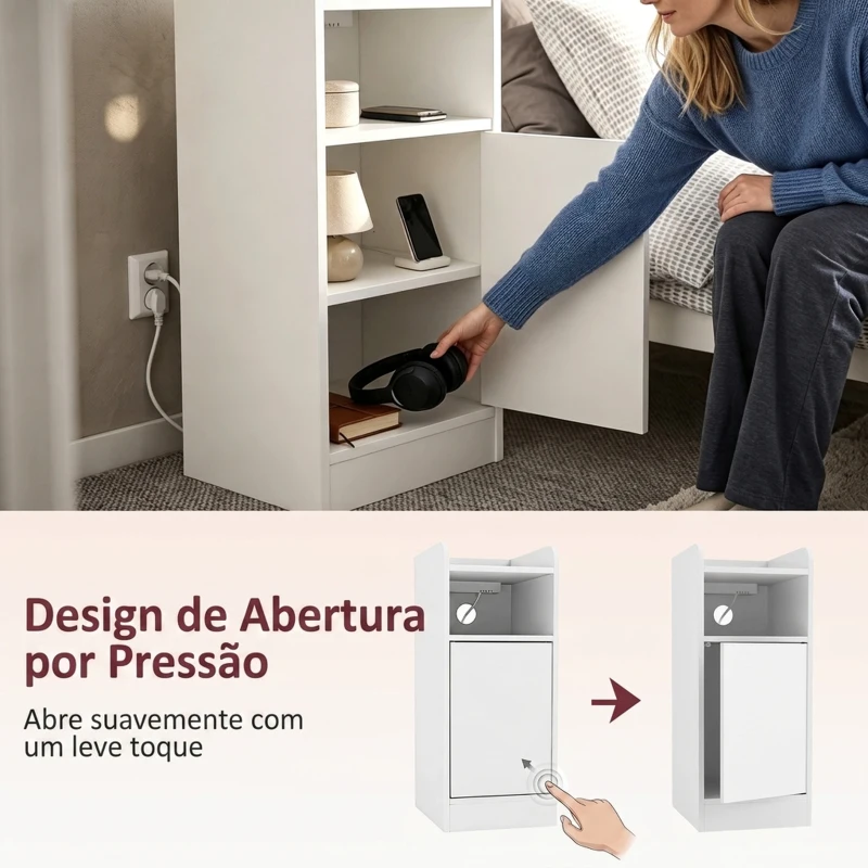 HOMCOM Conjunto de 2 Mesas de Cabeceira Estreitas com Estação de Carregamento, Porta, Compartimento Aberto e Prateleira Ajustável, Branco