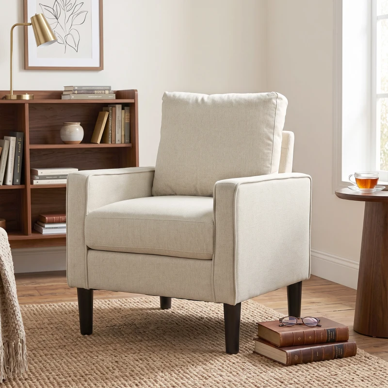 HOMCOM Accent Chair, Removable Pillow Linen Armchair with Comfy Spring Cushion for Living Room, Bedroom, Study, Cream