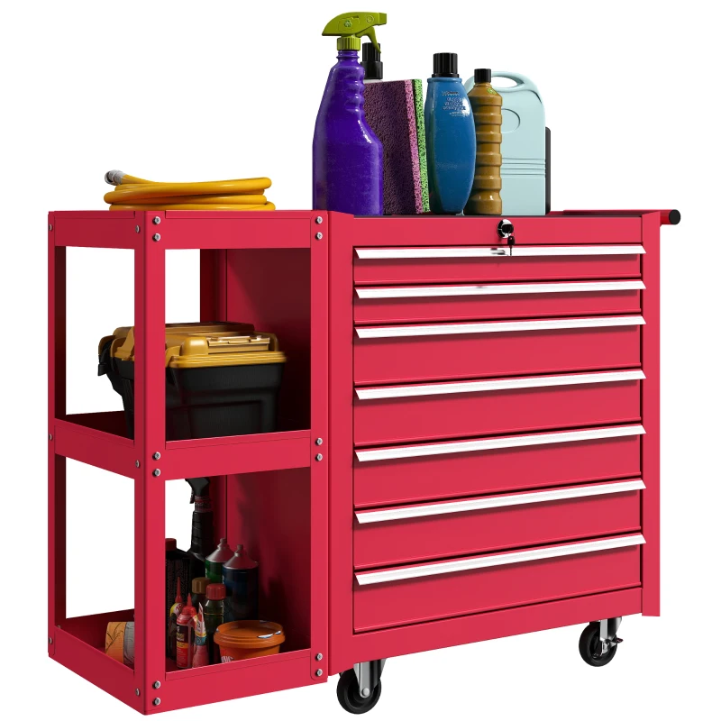HOMCOM Cărucior pentru atelier Cărucior pentru scule cu 7 sertare raft lateral detașabil 4 roți cu frână de blocare, 96x33,5x75cm, Roșu