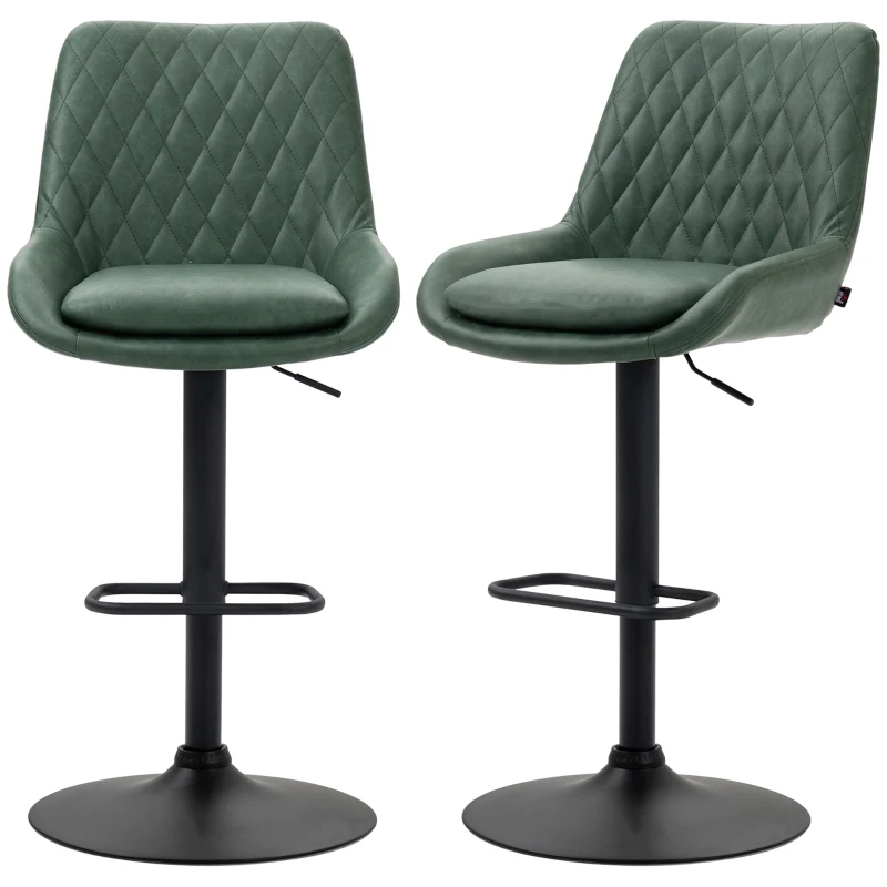 HOMCOM Retro Bar Stools Set of 2, Adjustable Kitchen Stool, Upholstered Bar Chairs with Back, Swivel Seat, Green