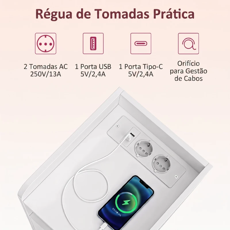 HOMCOM Conjunto de 2 Mesas de Cabeceira Estreitas com Estação de Carregamento, Porta, Compartimento Aberto e Prateleira Ajustável, Branco