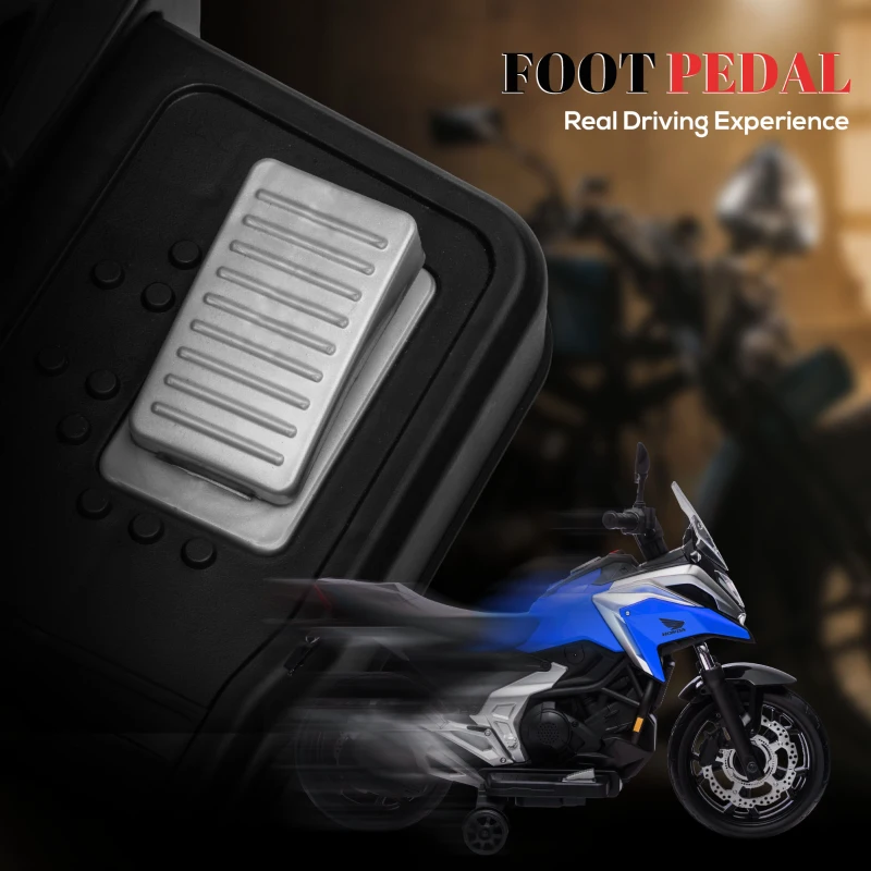 AIYAPLAY Moto Elettrica per Bambini 3-6 Anni Licenza Honda, 12V Doppi Motori, Rotelle, 3 km/h, Max 30kg, Blu