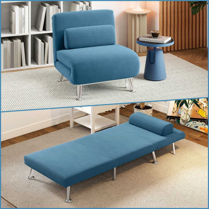 HOMCOM Single Velvet-Feel Sleeper Chair - Blue