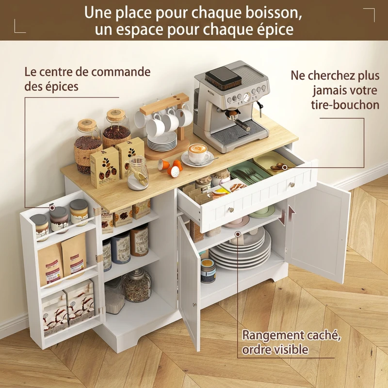 HOMCOM Buffet cuisine, meuble de rangement avec 3 portes, tiroir, étagères de porte et étagère réglable, 105x40x83cm, blanc
