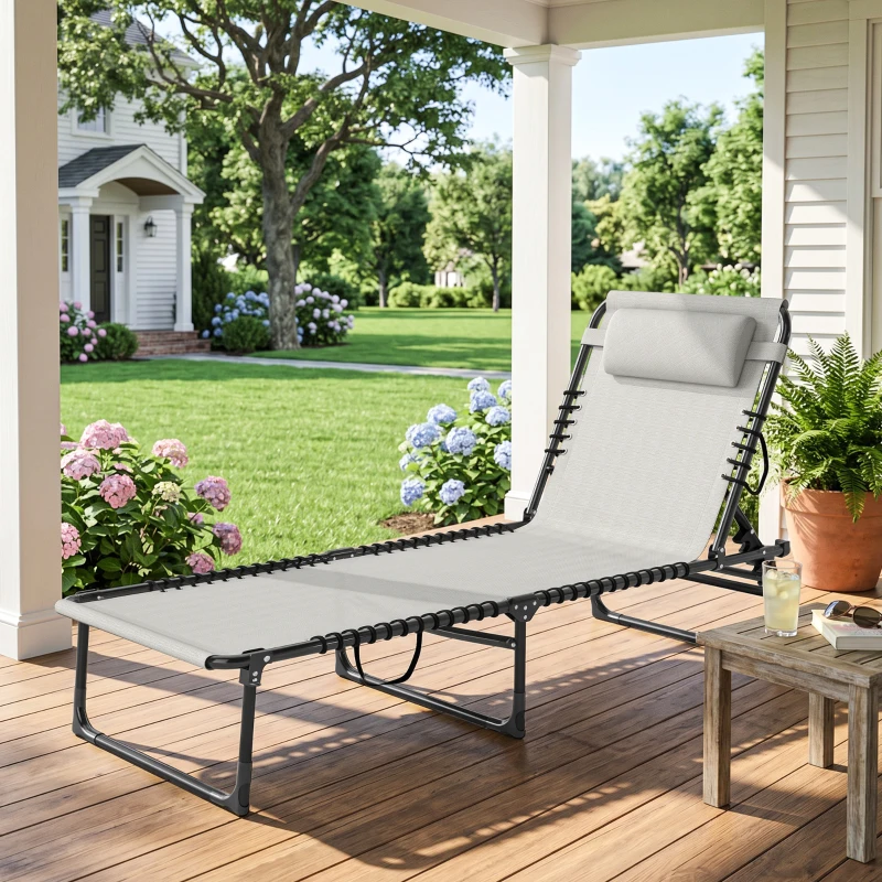 Outsunny Foldable Sun Lounger, Outdoor 4 Level Adjustable Backrest Reclining Chaise Chair, Steel Frame Recliner Chair for Camping, Hiking, Cream White