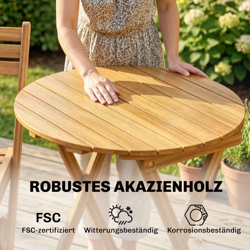 Outsunny Balkonmöbel Set 3 teilig Holz klappbar Gartenmöbel Set mit runder Tisch 2 Stühle Sitzkissen Atmungsaktiv Lamellsitz