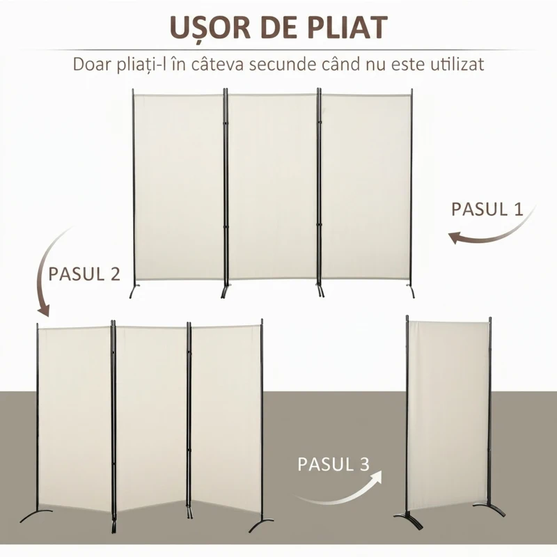 HOMCOM Paravan interior cu 3 panouri, separeu pliabil pentru spatii din metal si poliester, 253x50x182cm, bej