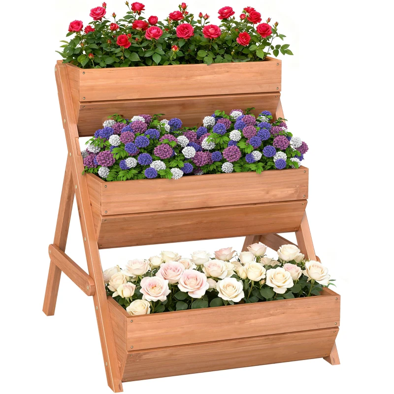 Outsunny Vertikales Hochbeet mit 3 Etagen Vertikalbeet aus Holz Blumenkasten mit 3 Pflanzkästen Ablauflöchern Braun