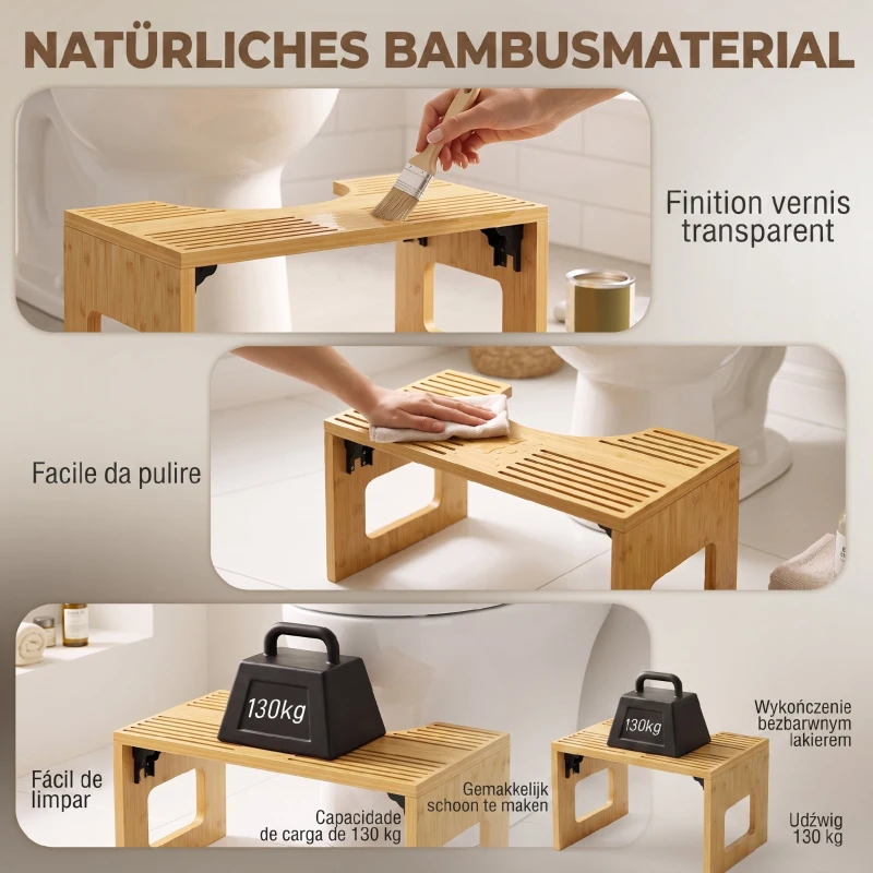 HOMCOM Scaun Pliabil de Toaletă din Bambus cu Picioare Antiderapante, Stejar