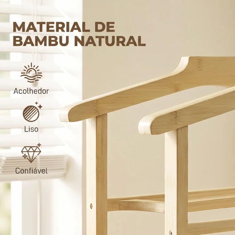 HOMCOM Galã de Noite em Bambu com Rodas, Cabides para Roupa, Suporte para Calças, Bandeja e Prateleira, Natural