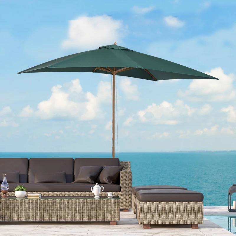 Outsunny Ombrellone 2x3 m da Giardino in Legno Laccato e Bambù con Copertura Rimovibile, Verde Scuro