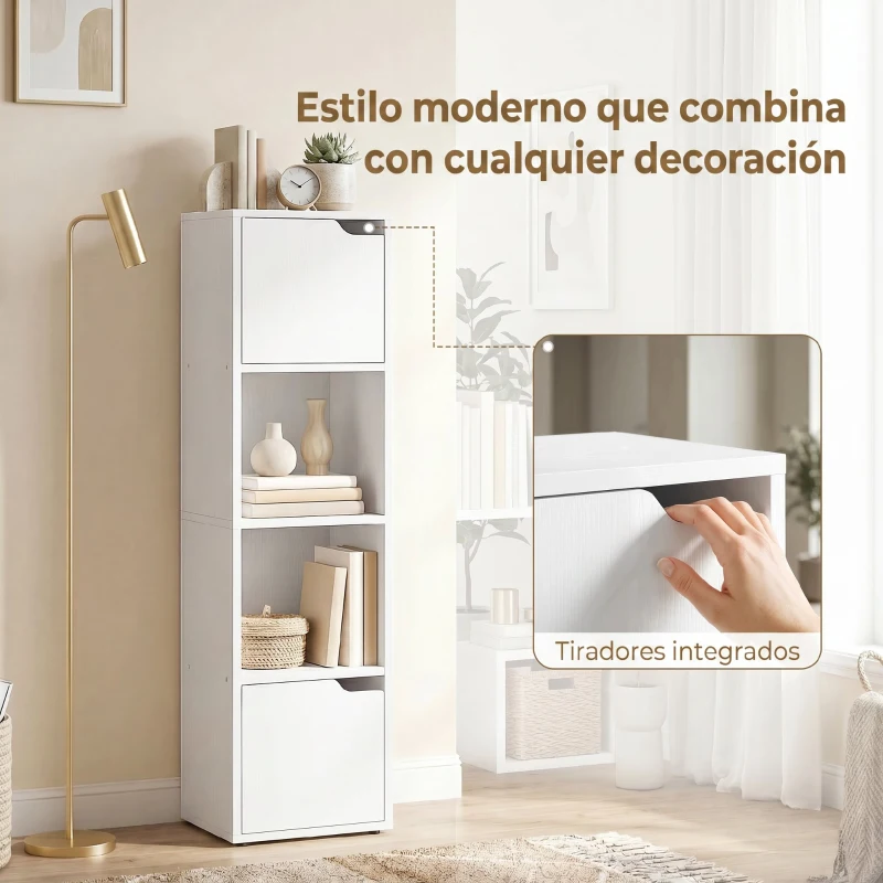 HOMCOM Estantería para Libros con 2 Puertas Librería Estrecha de 4 Niveles con 2 Estantes Abiertos 30x29x119 cm Blanco