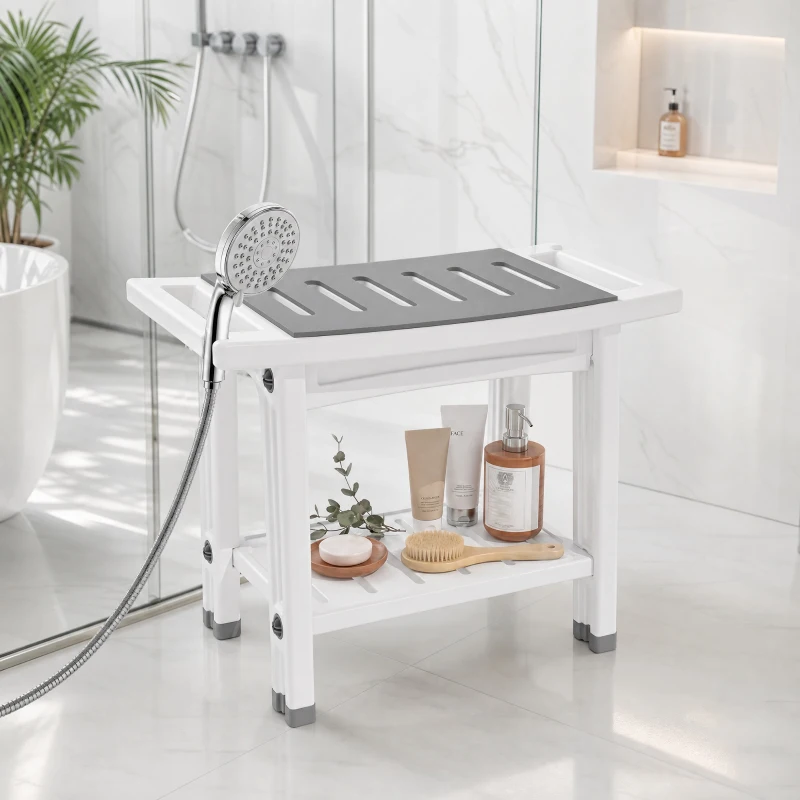 HOMCOM Shower Bench 2-Tier Shower Stool Bathroom with Shelf White and Grey