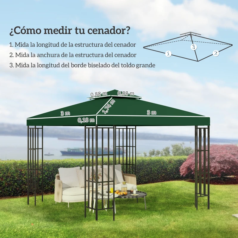 Outsunny Techo de Repuesto para Cenador, 3x3 m, Cubierta de Repuesto con Techo Doble, 8 Orificios de Drenaje y Protección UV, SOLO Toldo de Recambio para Pabellón Gazebo, Verde