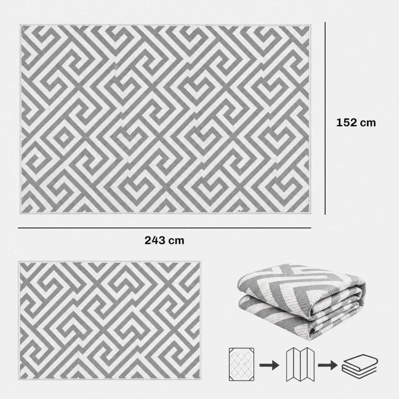 Outsunny Outdoor Rug Reversible Mat Plastic Straw Rug Portable RV Camping Mat for Garden Deck Picnic Indoor, 152 x 243 cm (5 x 8 ft), Light Grey & White