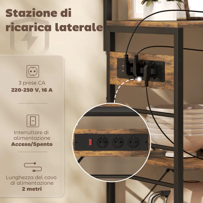 HOMCOM Scaffale Cucina con Prese e LED, Angolo Caffè, Asta Appendiabiti, Pannello in Metallo, 5 Ripiani, Cestello, 10 Ganci, Marrone Rustico