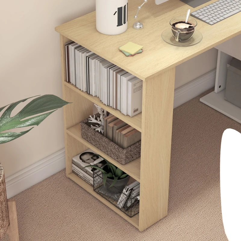 HOMCOM Bureau d'angle bureau informatique modulable bibliothèque intégrée + étagère 3 niveaux blanc et bois naturel
