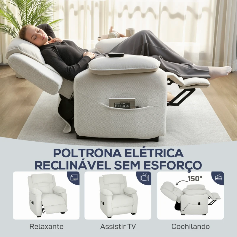 HOMCOM Poltrona Reclinável Elétrica com Motor Silencioso, 2 Posições de Memória, Apoio para os Pés, Encosto de Cabeça, USB e Bolsos
