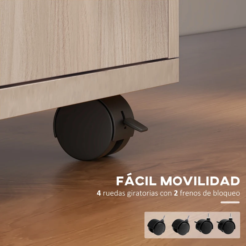 HOMCOM Cajonera de Escritorio con Ruedas Cajón Compartimento Puerta Archivador Móvil para Estudio 40x35x60 cm Roble