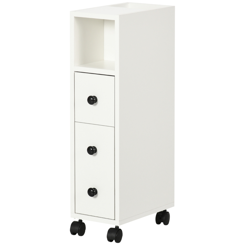 Kleankin Armário de Casa de Banho Móvel Auxiliar para Espaço Reduzido com Rodas Prateleiras Abertas Armário e Gaveta 18x30x68,5cm Branco