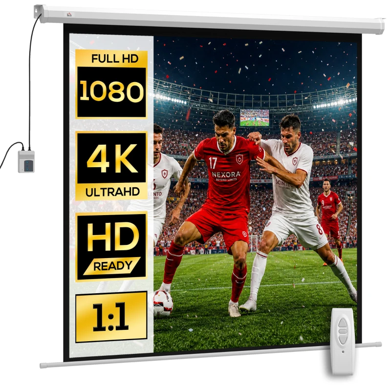 HOMCOM Ecran Proiector Motorizat de 85" cu Telecomandă, din Plastic și Metal, 176.5x8x176.5 cm, Alb