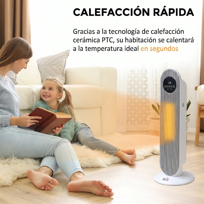 HOMCOM Calefactor Eléctrico Cerámico PTC 1300/2000W con Control Remoto 15–40 °C Oscilación de 45° Temporizador 12H Blanco