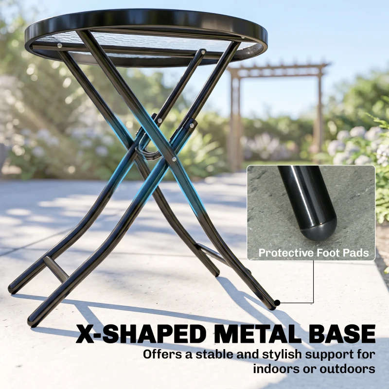 Outsunny Foldable Garden Side Table, Round Folding Table with Glass Tabletop and Safety Buckle for Patio, Garden, Outdoor, Indoor, Black
