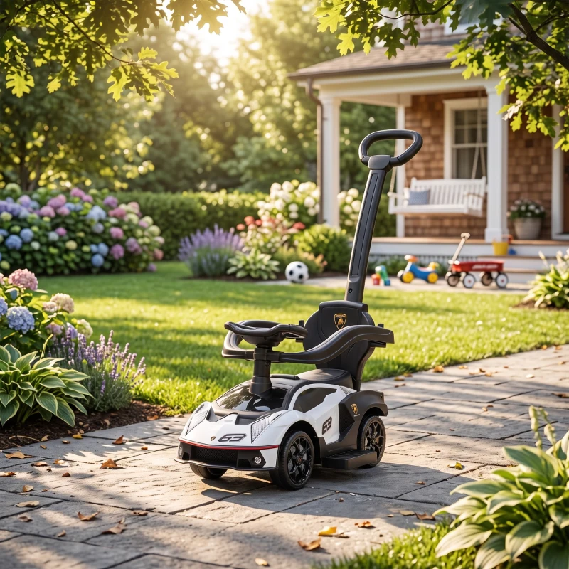 AIYAPLAY 2 en 1 Coche Correpasillos para Niños 12-36 Meses Lamborghini Essenza SCV12 Andador Empujador con Bocina Mango de Empuje y Barandilla Extraíbles 86,5x40x89,5 cm Blanco y Negro