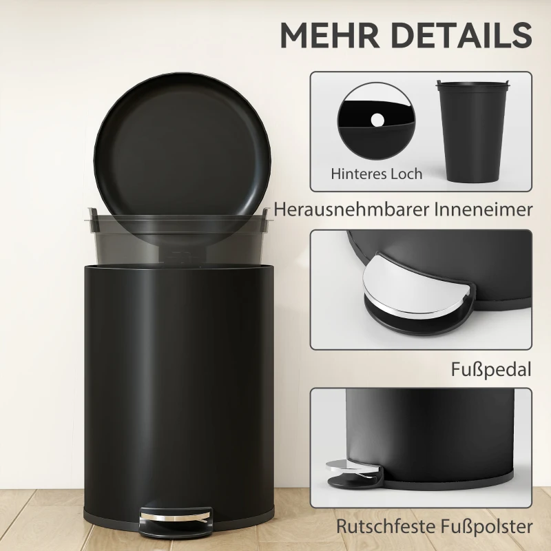 HOMCOM 20-liter keukenafvalbak, vingerafdrukbestendige metalen afvalbak met soft-close deksel, voetpedaal en uitneembare binnenemmer, zwart