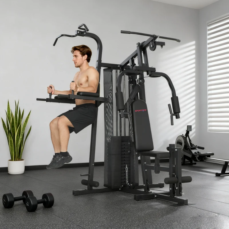 SPORTNOW All-in-One Home Gym Machine, Multifunctional Power Cage with 69 kg Weight Stack and Pulley System, Black