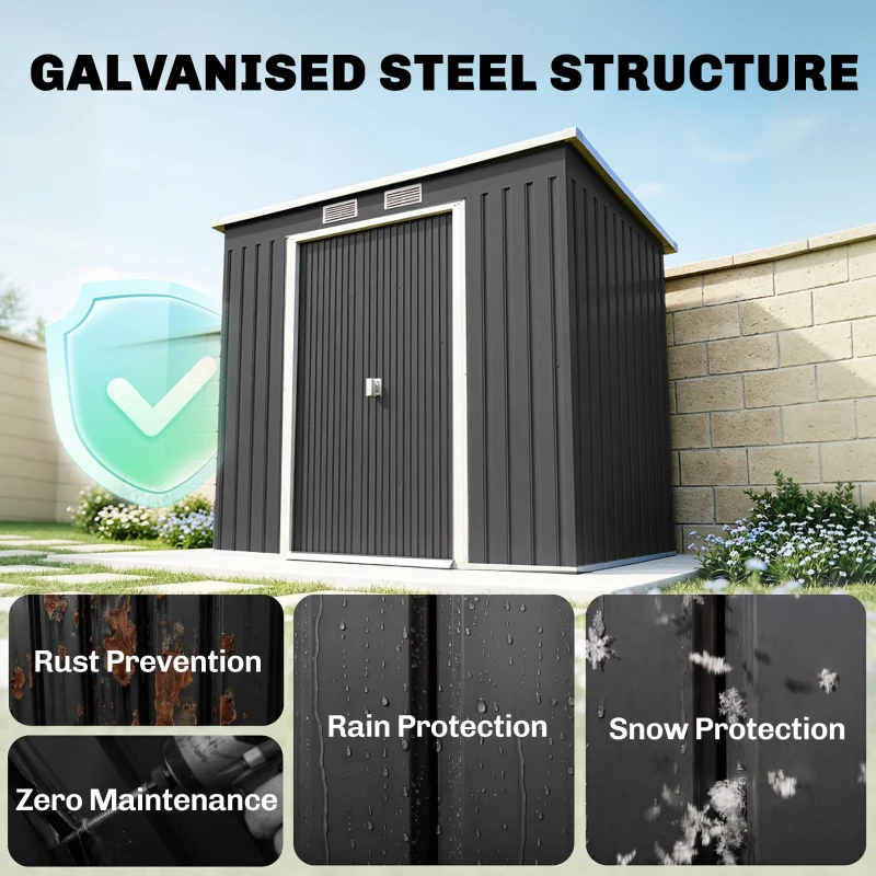 Outsunny 7 x 4ft Galvanised Steel Garden Shed, with Foundation Kit - Dark Grey