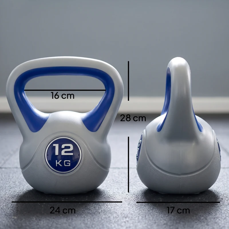 SPORTNOW Kugelhantel, Kettlebell, 12 kg, flache Unterseite, großer Griff, Kunststoffmantel, blau, 24 x 17 x 28 cm