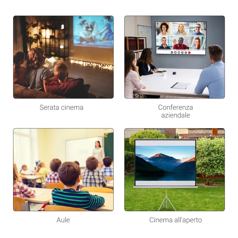 HOMCOM Telo Proiettore da 84 Pollici 4K HD Formato 4:3 con Treppiede Pieghevole e Altezza Regolabile, Schermo per Proiettore Portatile, Grandangolo di 160 Gradi, per Casa Home Cinema Esterno, Bianco