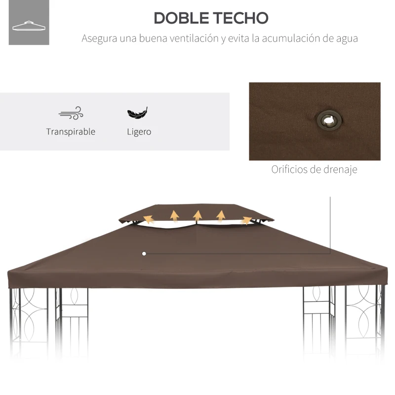 Outsunny Techo de Repuesto para Cenador 4x3 m Cubierta de Repuesto con Techo Doble 10 Orificios de Drenaje y Protección UV Toldo de Recambio para Pabellón Gazebo Marrón