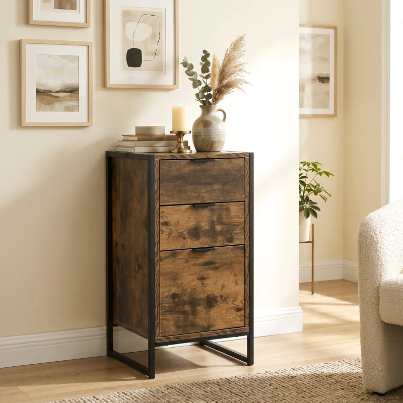 HOMCOM 3 Drawer Chest of Drawers, Industrial Bedside Cabinet with Metal Frame and Runner, Small Storage Unit for Bedroom, Living Room or Office, 39 x 40 x 76.5 cm, Rustic Brown