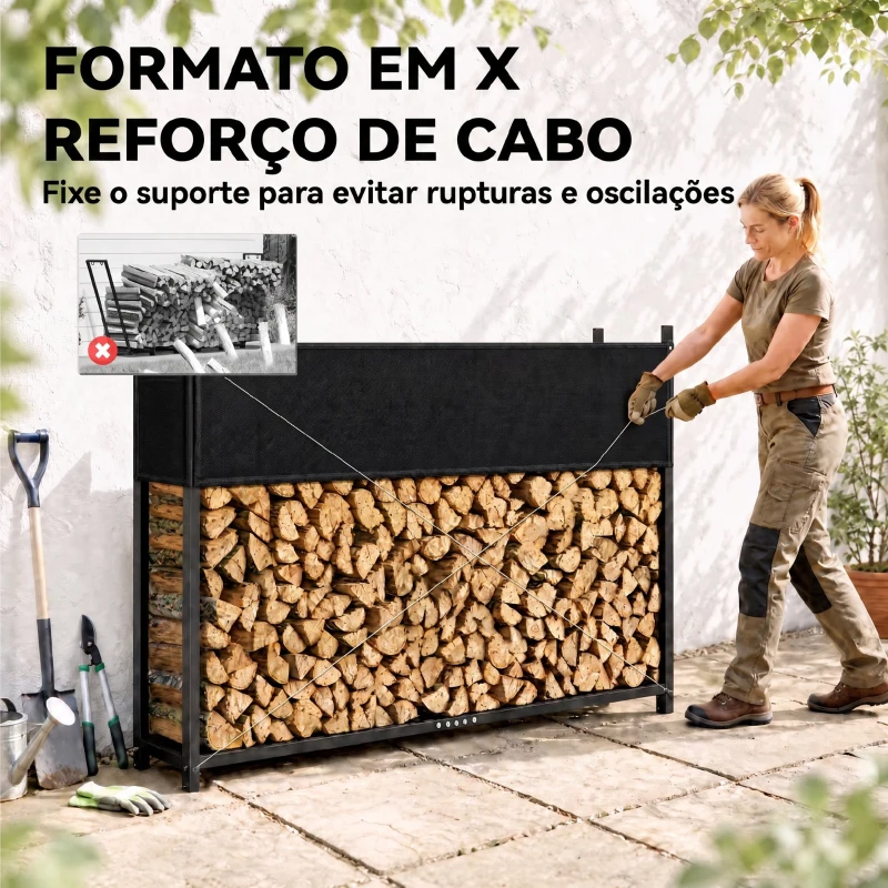 Outsunny Lenheiro com Capa Oxford 600D e Cabos, Estrutura em Aço Galvanizado, Carga 500 kg, para Interior e Exterior, Preto
