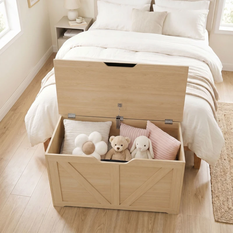HOMCOM 100L Home Storage Box, with Safety Hinge - Nature Wood Finish