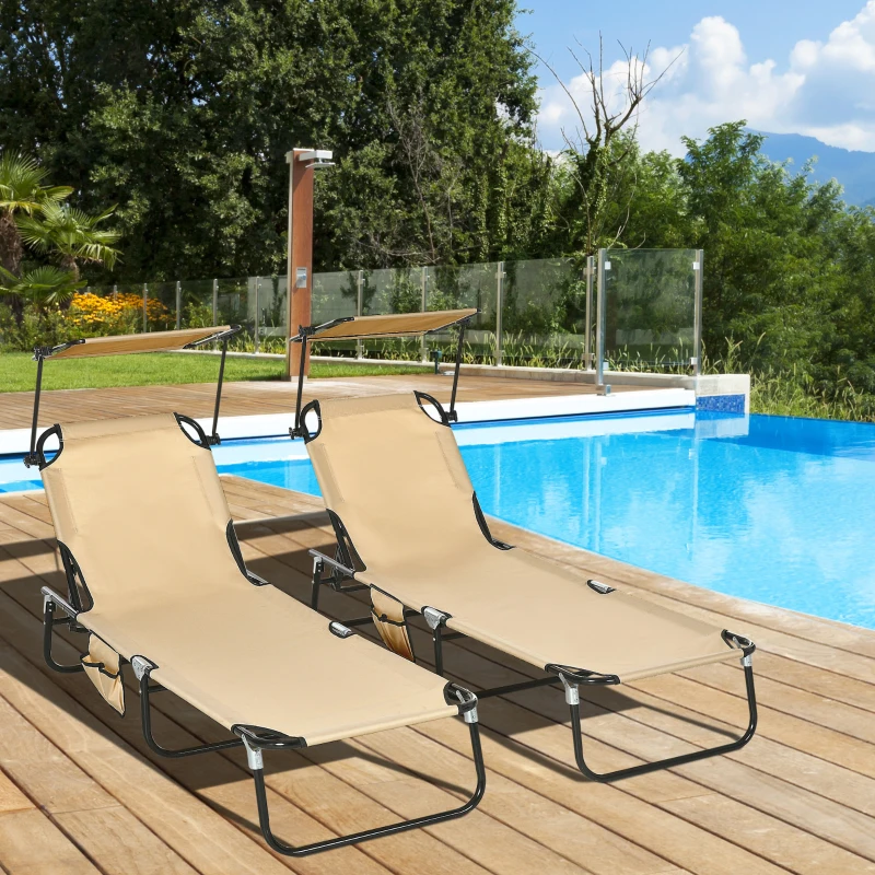 Outsunny 2 Piece Folding Sun Loungers with Canopy, Adjustable Recliner Garden Chairs with Side Pocket, Steel Frame and Breathable Mesh for Outdoor, Pool, Beach, Garden, Tan Brown