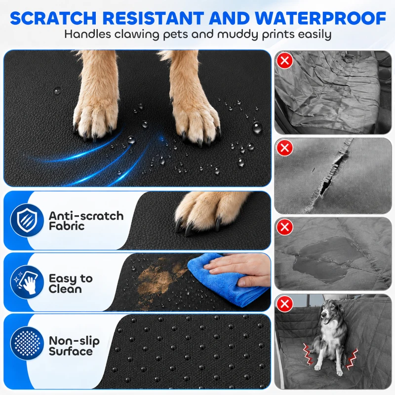PawHut Dog Car Seat Cover, Waterproof Dog Travel Hammock w/ Non-Slip & Anti-Scratch Surface, Mesh Window and Pockets, Blue