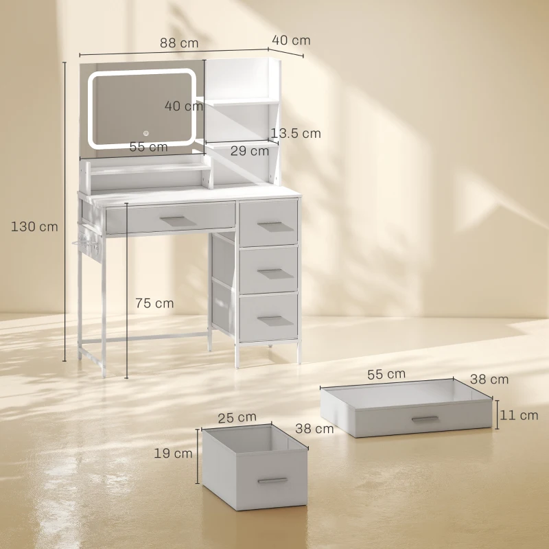 HOMCOM Masă de Toaletă Machiaj cu Oglindă LED 3 Culori, 4 Sertare și 5 Rafturi Deschise, 88x40x130 cm, Alb