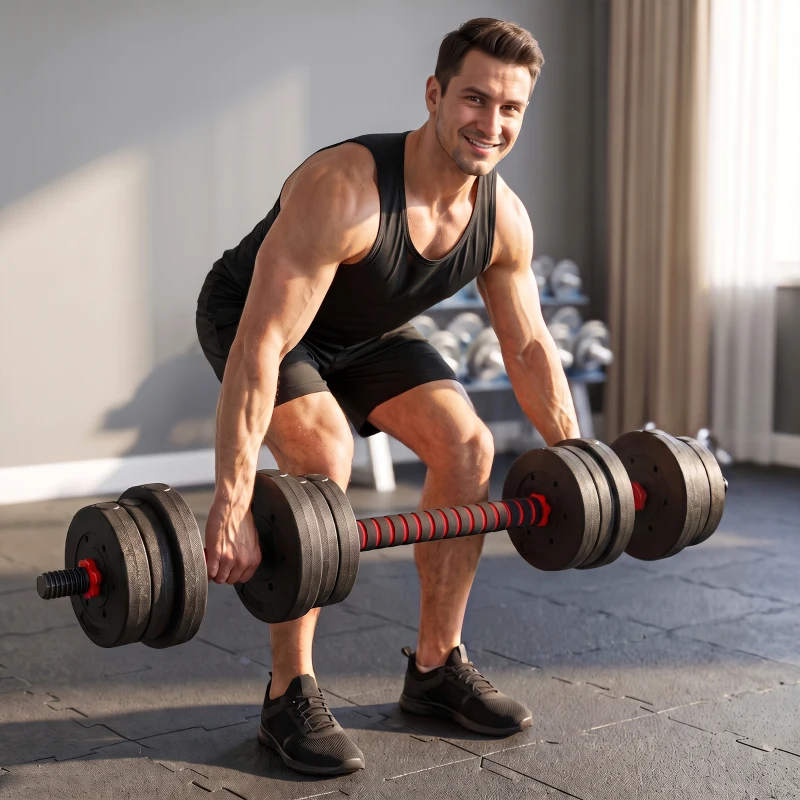 HOMCOM Juego de Mancuernas Ajustables 20 kg 2 en 1 con Barras Conexión y Barra de Extensión para Gimnasio en Casa Negro
