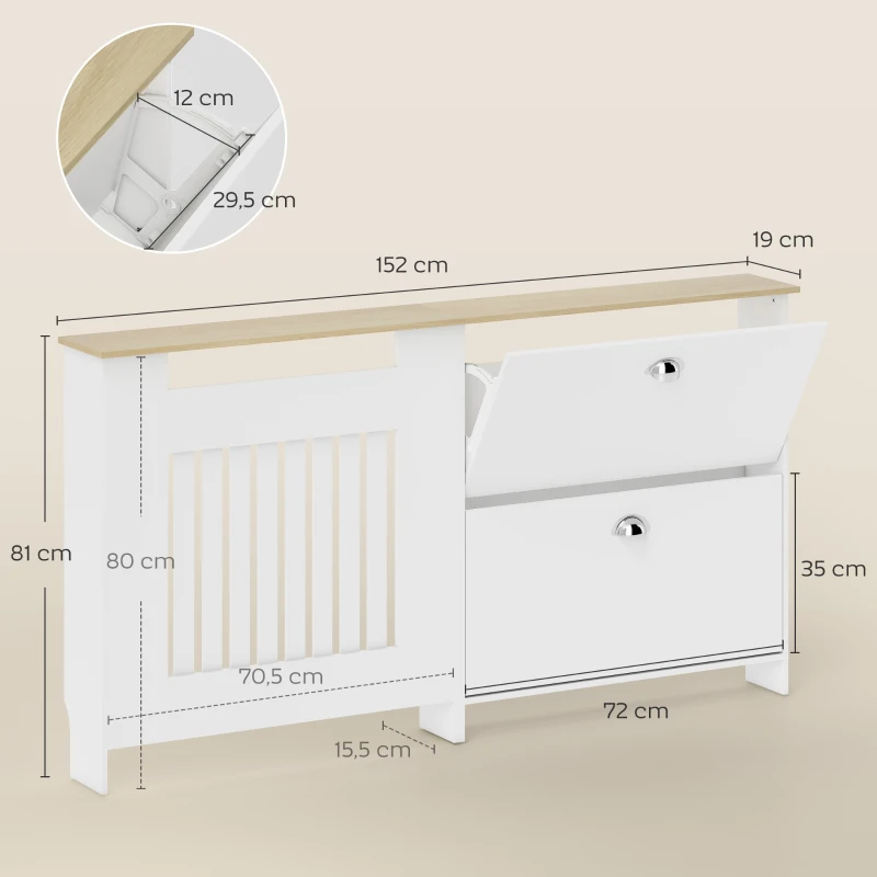 HOMCOM Cubre Radiadores con Zapatero Cubierta para Radiador con 2 Cajones Abatibles 152x19x81 cm Blanco