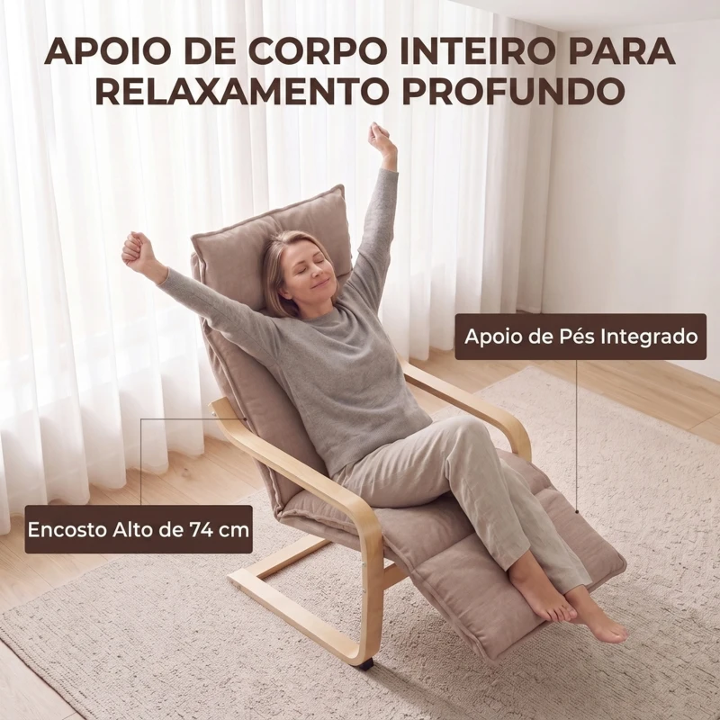 HOMCOM Cadeirão para Sala em Tecido Aspeto Linho com Apoio para os Pés, Baloiço Suave, Encosto Alto e Assento Largo, Castanho Claro